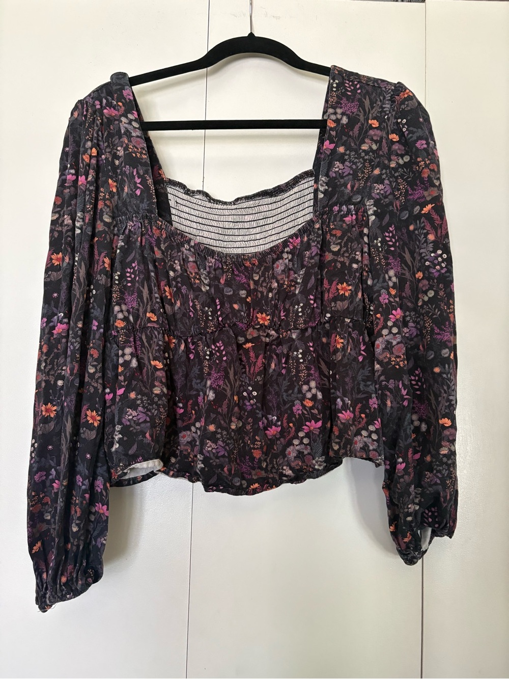 Disturbia Black Floral Smocked Square-Neck Blouse with Pink & Orange Accents